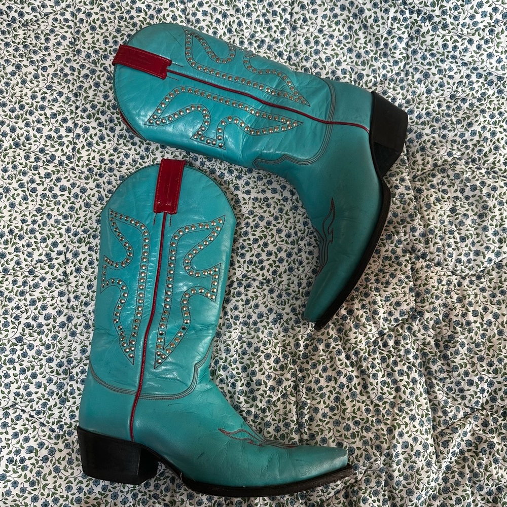 Vintage Turquoise & Red Studded Frye Western Boots - 8